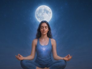 Beautiful woman meditating under full moon with glowing aura – Chandra Aura Reiki Attunement”