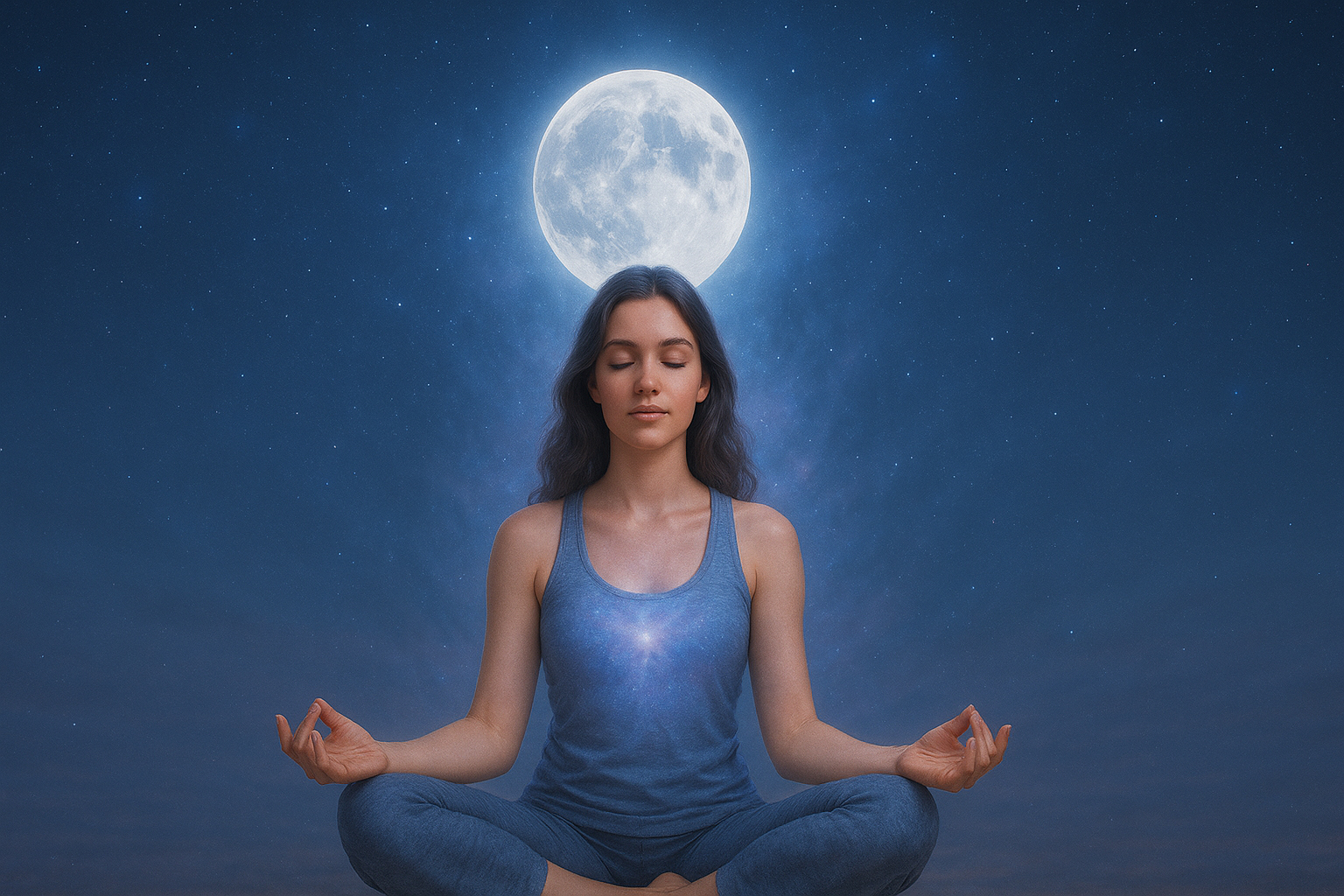 Beautiful woman meditating under full moon with glowing aura – Chandra Aura Reiki Attunement”