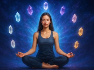 Woman meditating with glowing etheric crystals in a cosmic aura