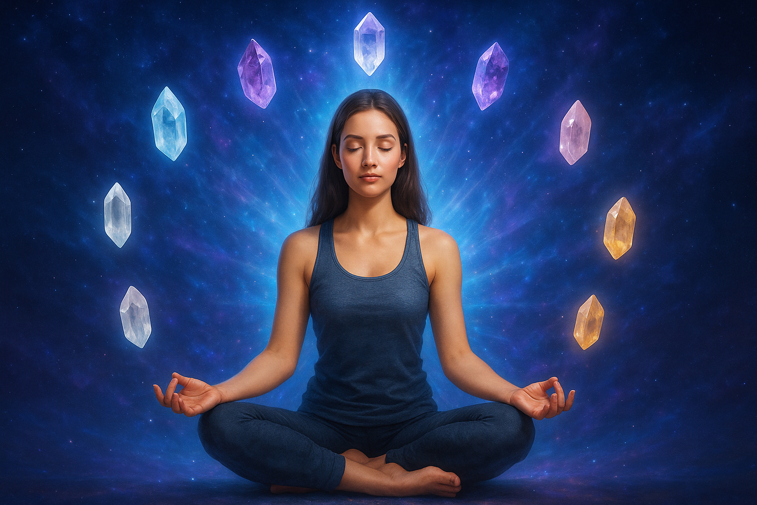 Woman meditating with glowing etheric crystals in a cosmic aura