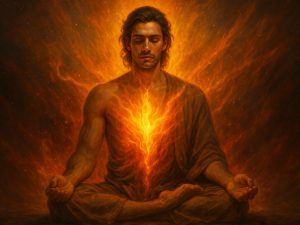 Meditating man with glowing inner fire energy representing gTumo attunement