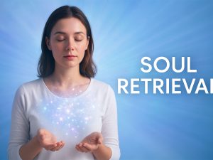 Soul Retrieval session with a real person meditating, lost soul fragments returning, glowing energy aura, spiritual healing, emotional restoration