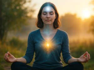 Woman meditating with glowing energy light on forehead and heart chakra during subconscious mind reprogramming session