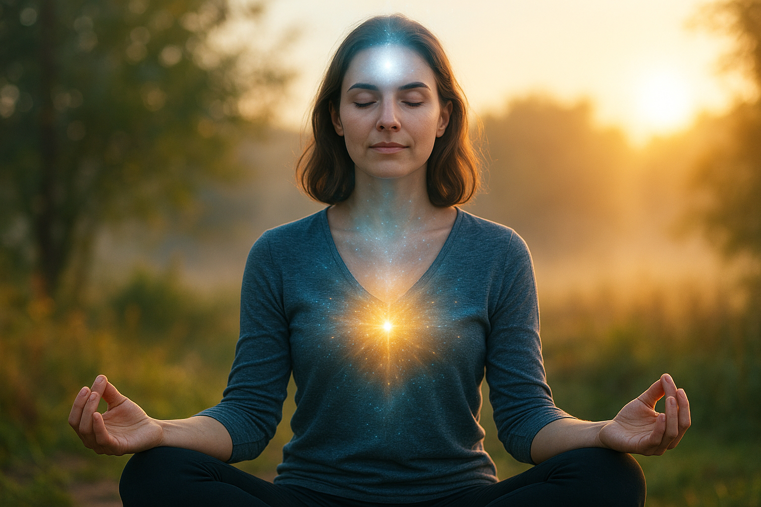 Woman meditating with glowing energy light on forehead and heart chakra during subconscious mind reprogramming session