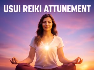 Young woman meditating in lotus pose with golden energy radiating from her chest, set against a gradient sunset sky, symbolizing the peaceful and transformative power of Usui Reiki Attunement.